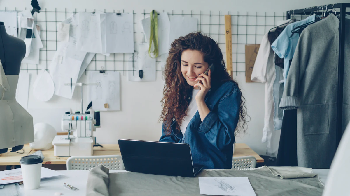 A business owner on a phone call at her laptop